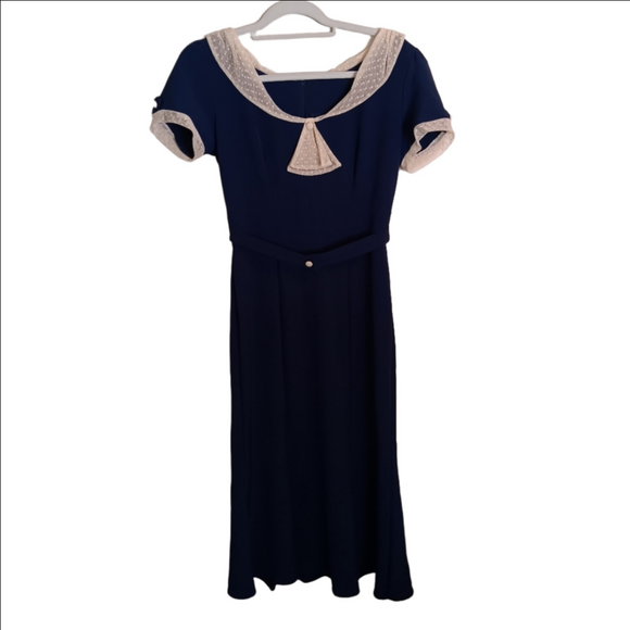 Stop Staring Raileen Navy & Cream 1940s Style Midi Dress Form Fitting Cap Sleeve - Picture 6 of 12